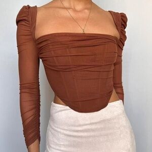 Brown Ruched Mesh Long Sleeve Top. Size L NWOT